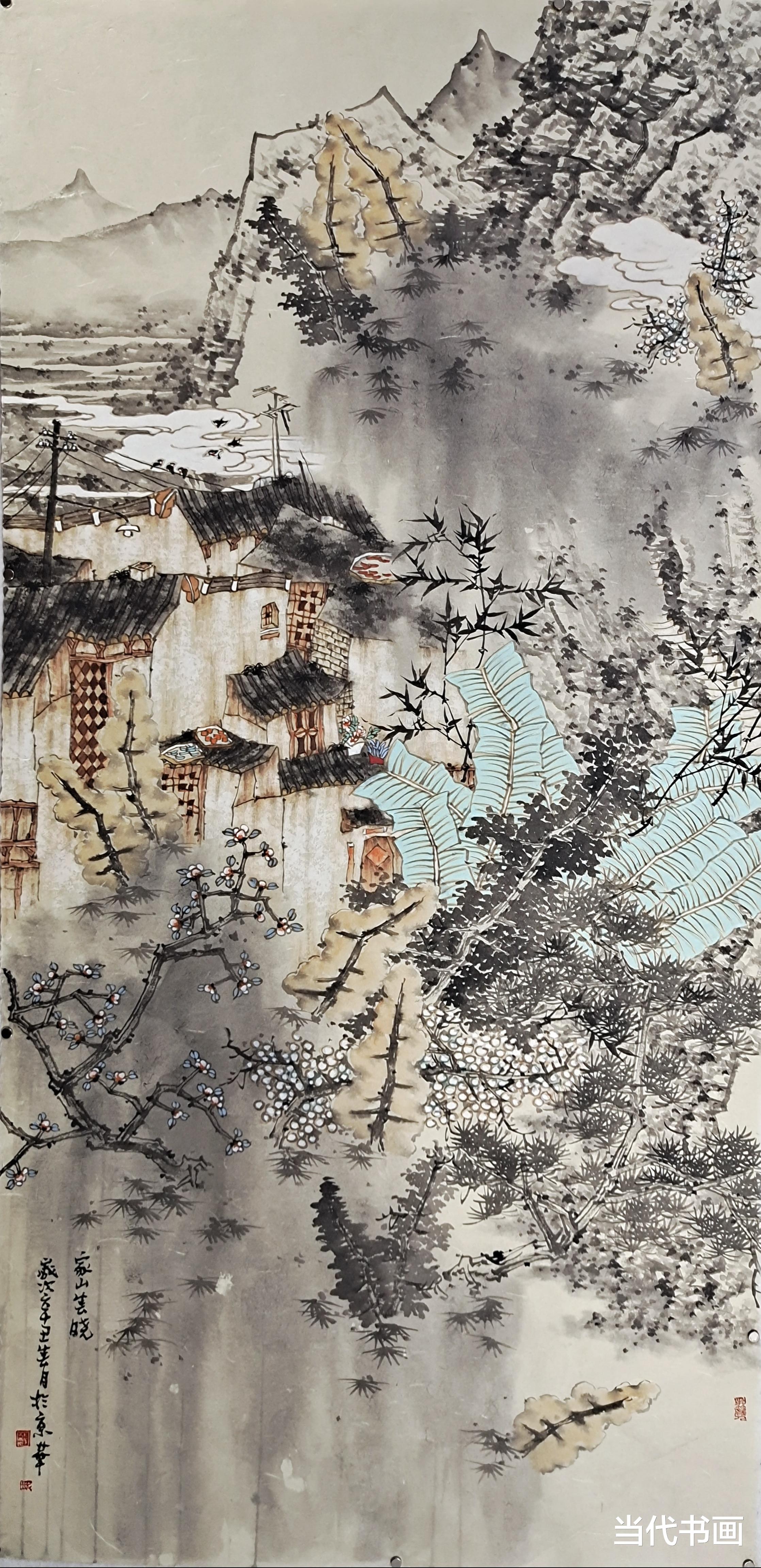 当代书画 杜艳田园民居作品《家山春晓图》 春花绿树,烟云袅袅