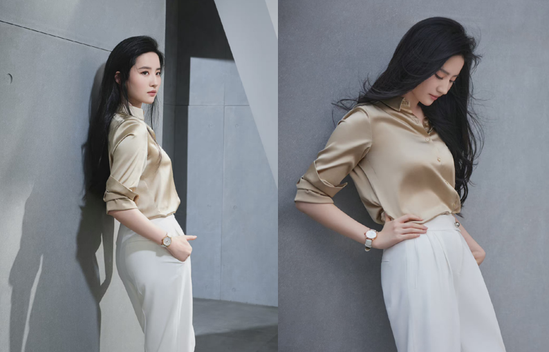 潮流搭配师甜甜|刘亦菲穿缎面衬衫太霸气，看着好像“女老板”，却依旧仙气满满