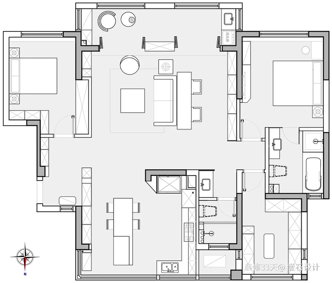 |餐厨一体,书房开放,126平现代简约三室