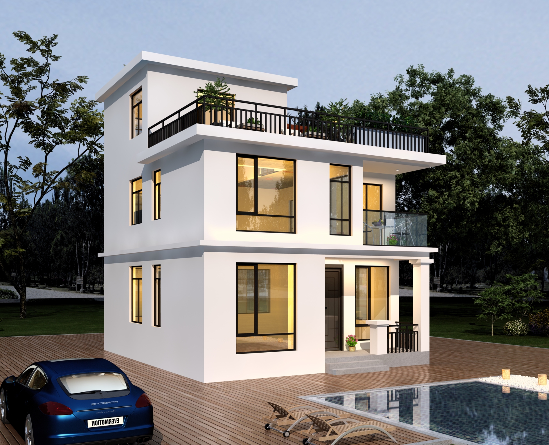 不足百方现代三层住宅,带顶层露台舒适惬意