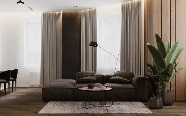 黑白灰基础三色与暖色调的橡木色结合轻松自然而不失现代感。