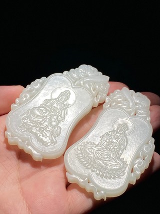 和田玉籽料|清 和田玉籽料白玉 佛 观音 诗文牌 子冈牌 对牌