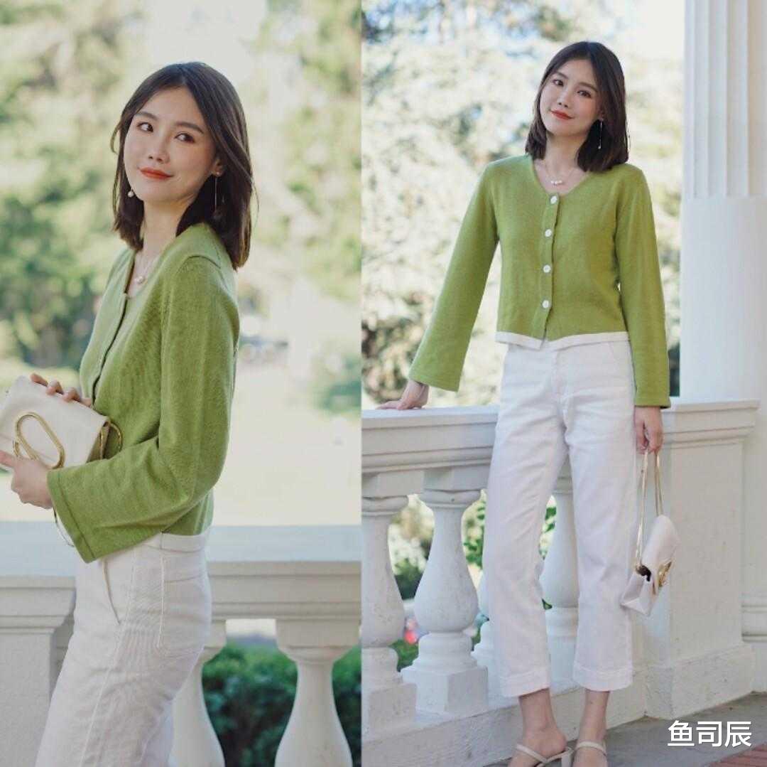 鱼司辰 秋季穿搭指南,绿色针织开始搭配白裤子高级洋气,出乎意料的美