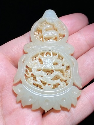 元青花|明 和田玉籽料 白玉 透雕葫芦形福禄龙纹牌 挂件把件