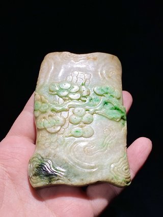 笔筒|清 天然飘绿翡翠 松桩 墨床 笔搁 文房摆件