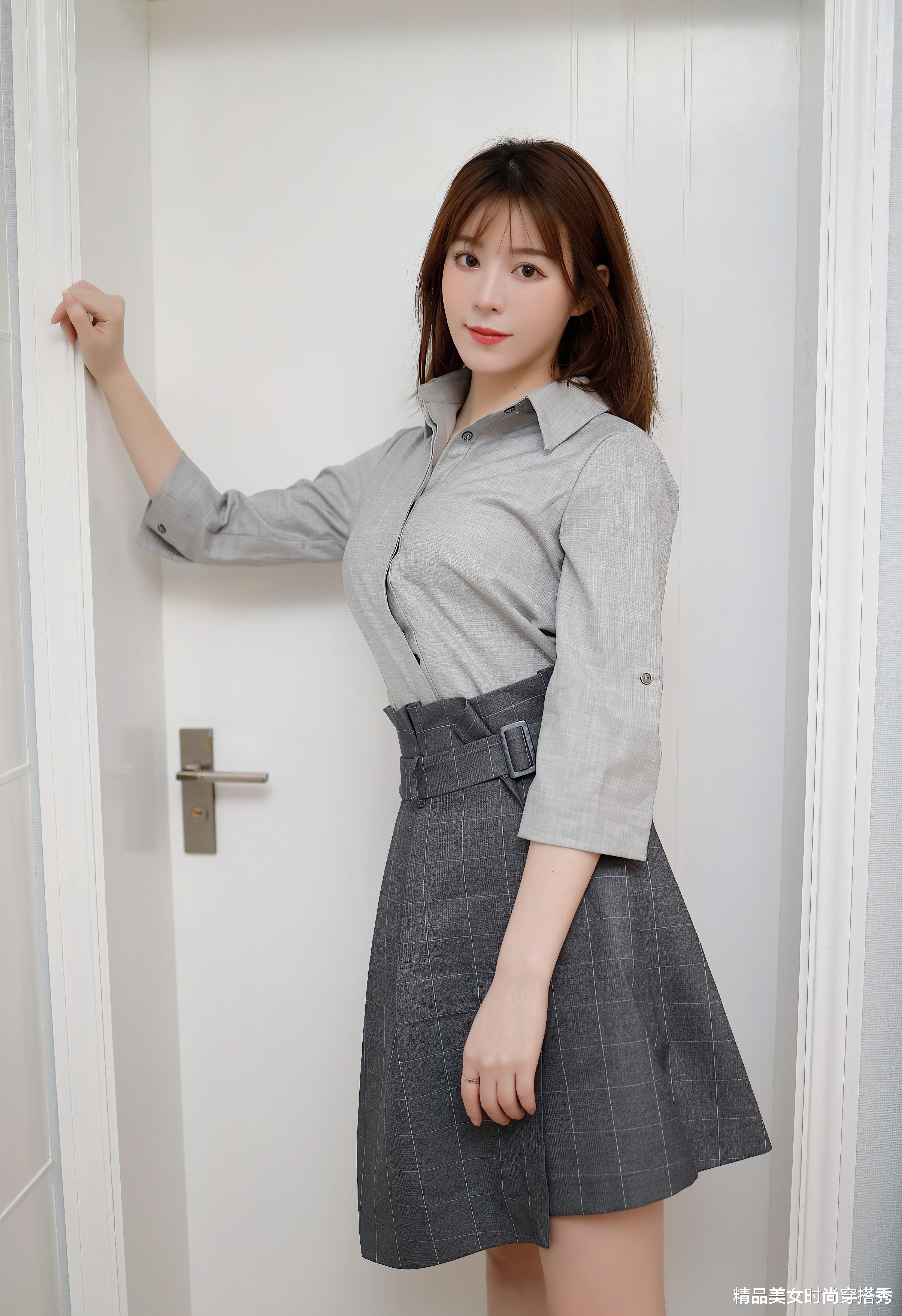 精品美女时尚穿搭秀|麻灰色的衬衫搭配深灰色格子裙，甜美优雅又不失职业范
