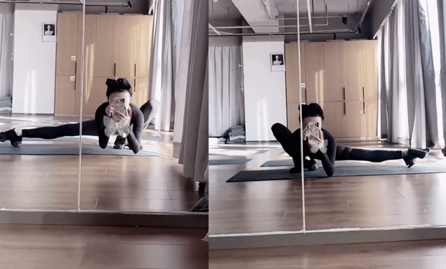 金巧巧|46岁金巧巧挑战“蜘蛛腿”！跨步深蹲毫不费力，穿运动内衣秀腹肌