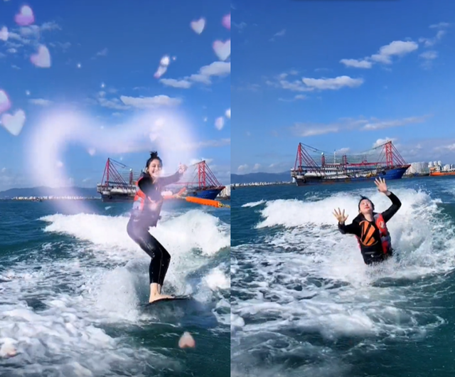 张俪|张俪海上冲浪意外滑倒！表情狰狞双手扑腾，整个人被海浪打趴下