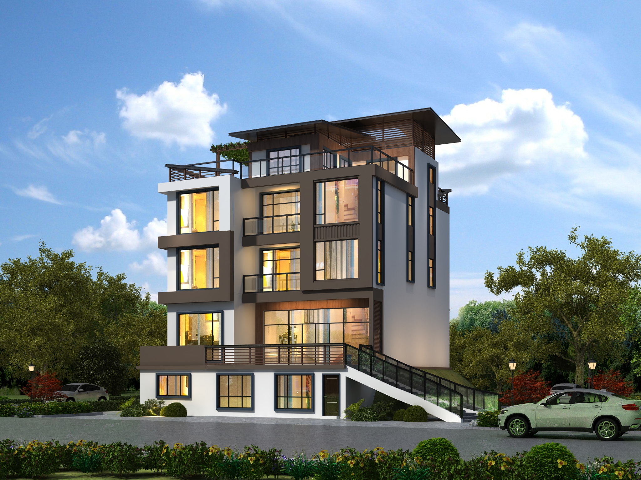 |现代四层别墅设计，两户居住