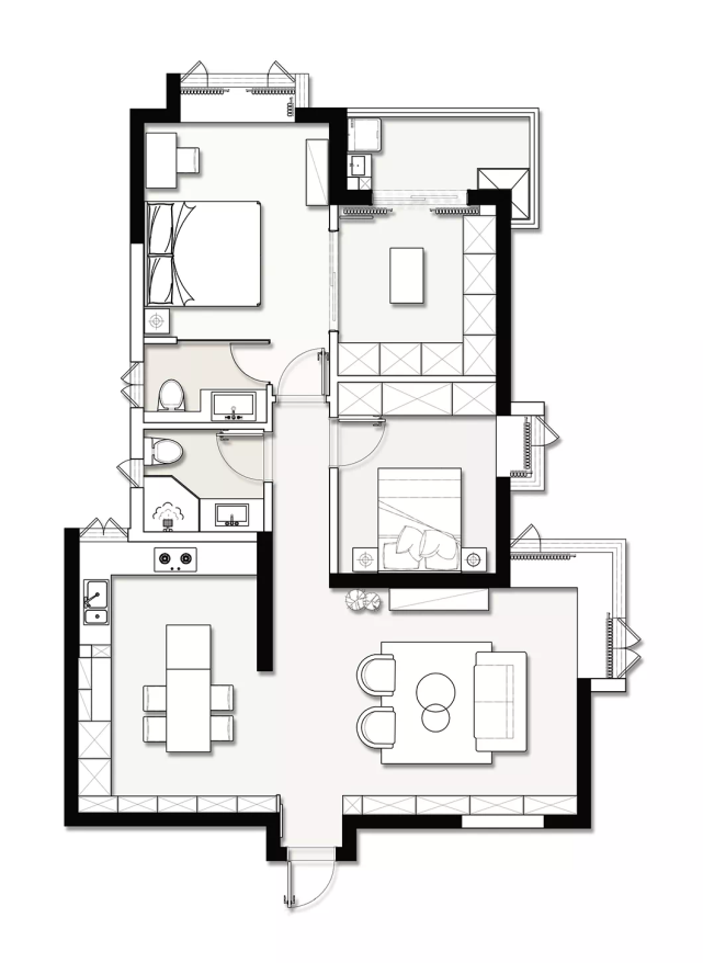 112平现代风二居室，次卧是墙储物柜