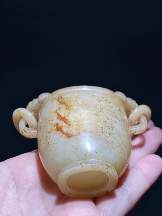 水盂|清早期 和田玉籽料 白玉受沁 福寿如意活环耳 玉杯 水盂