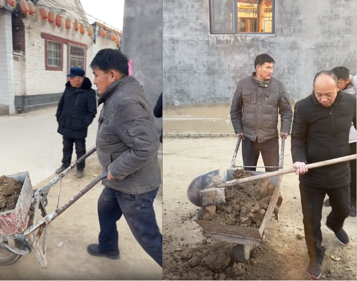 朱之文|大衣哥朱之文干活被邻居围观，穿衣朴素身材臃肿，一车土轻松推走