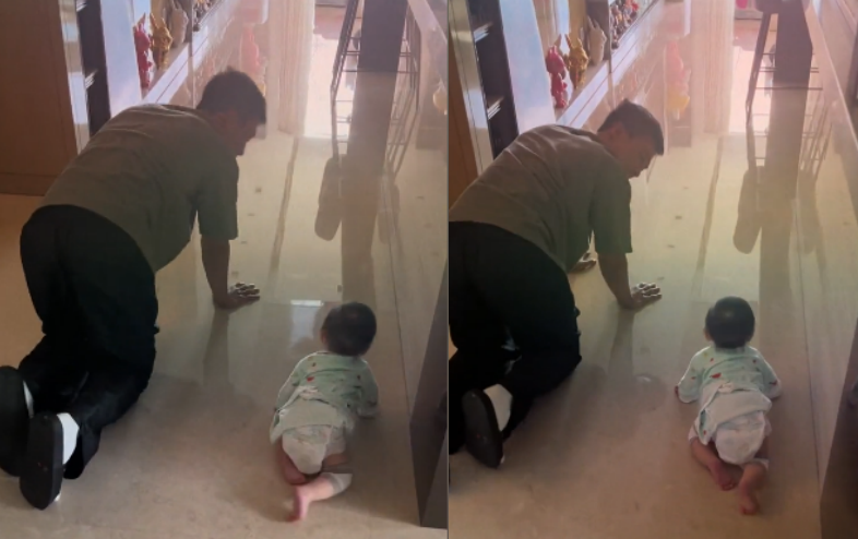 杜淳|杜淳双腿跪地陪女儿爬行！小蛋饺穿纸尿裤好可爱，豪宅内摆满奢侈玩偶