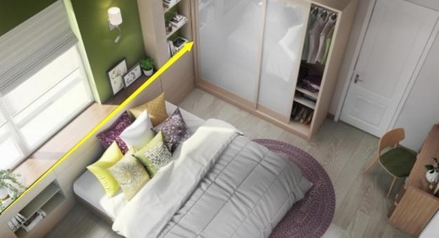 床头不得已靠窗,一招化解:加一字形20cm宽矮台面,也当床头柜用