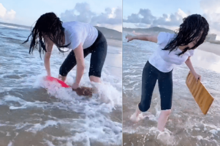 斛珠夫人|徐冬冬拿搓衣板站海里洗头，浪一来转身就逃，浑身湿凸显好身材