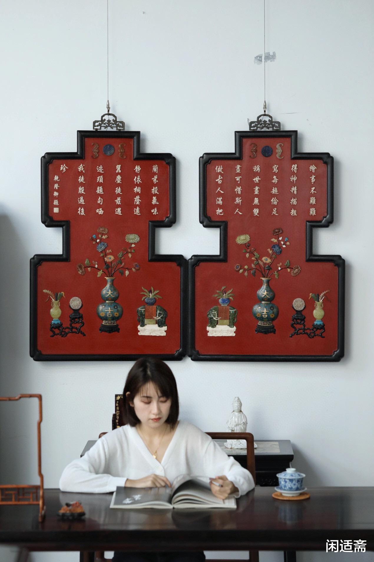 中式厅堂装饰挂件,百宝嵌红漆底,博古图挂屏