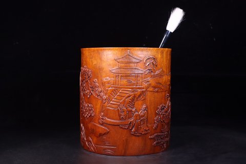 笔筒|黄花梨木雕“琴棋书画”笔筒