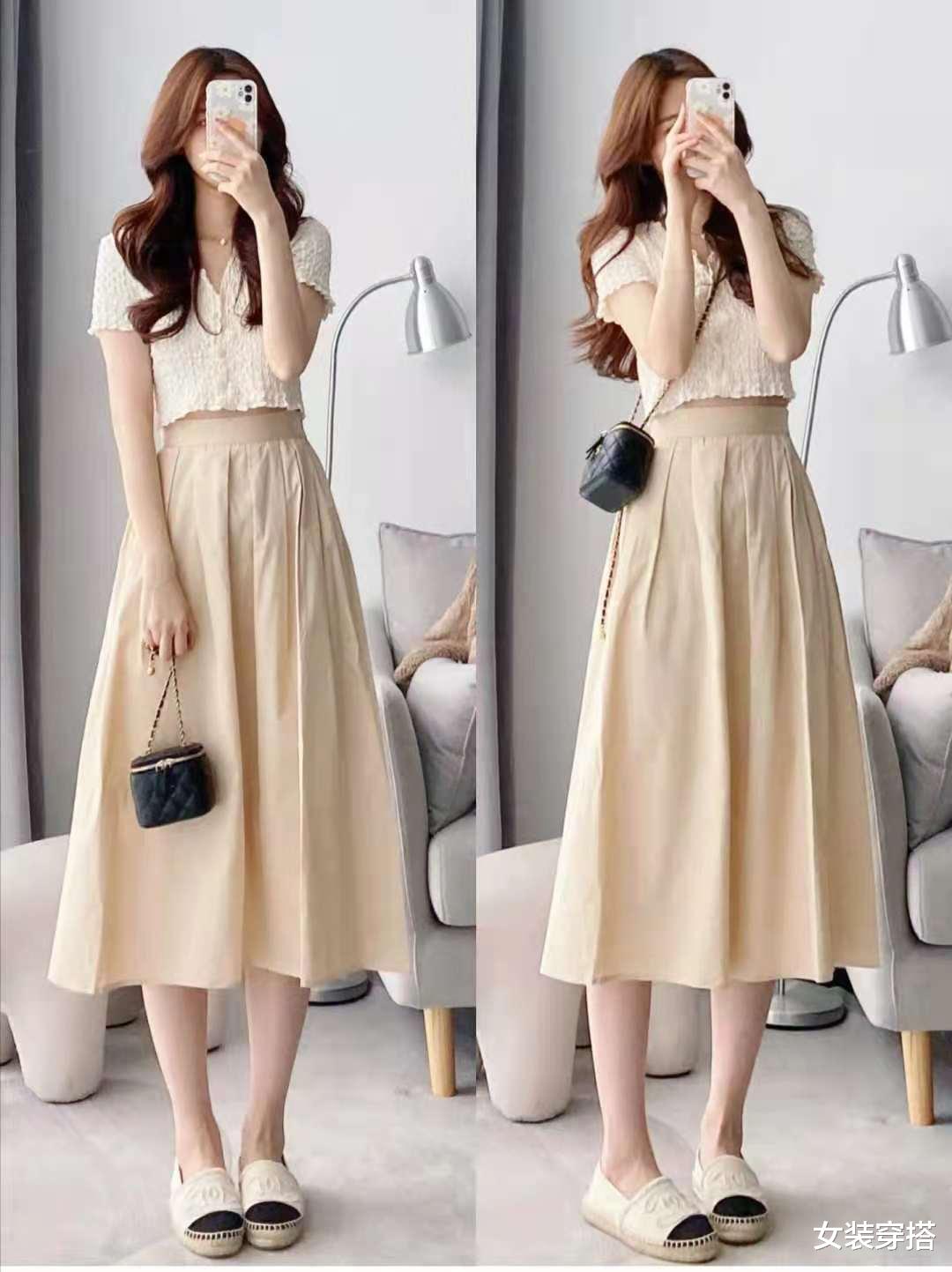 女装穿搭|杏色半身裙配什么颜色上衣好看