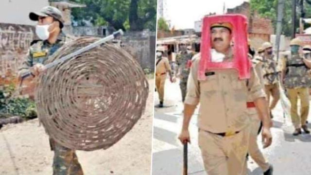 搞笑的？印度警察使用塑料凳子和柳條筐作為防暴裝備，4人被停職-圖2