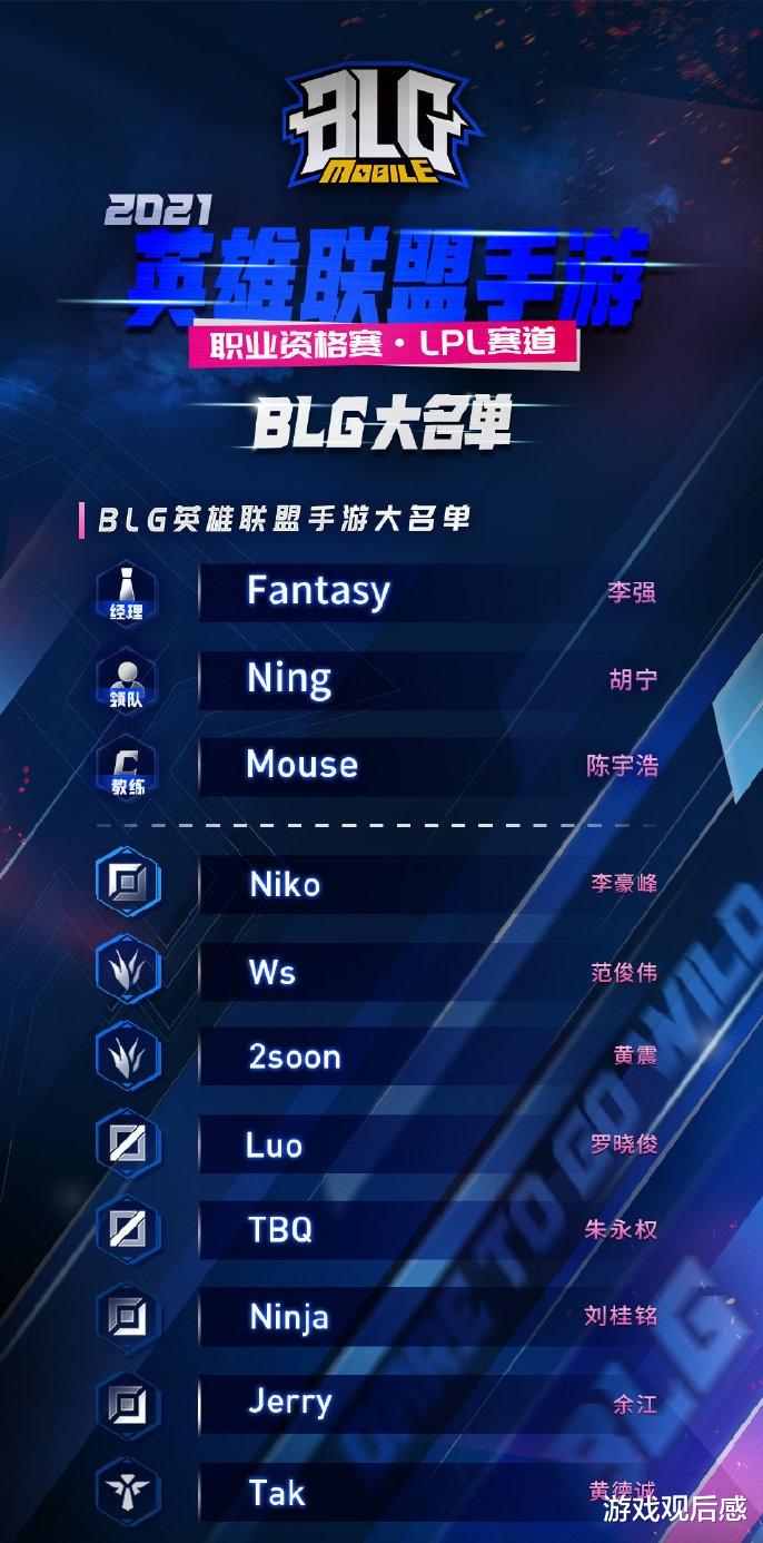 手机游戏|BLG公布LPL手游大名单，前EDG名上单转教练，LGD打野TBQ加盟