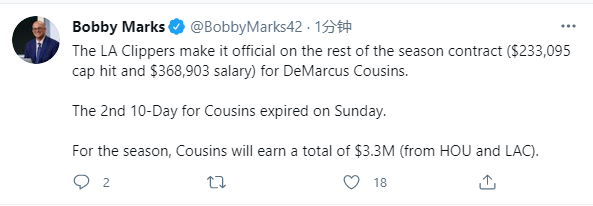 考辛斯|官宣！快船正式续约考辛斯，合同细节曝光，终于转正助乔卡冲击总冠军