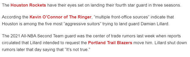  美媒报道火箭队是利拉德争夺战的领跑者，榜眼签是交易的最大优势