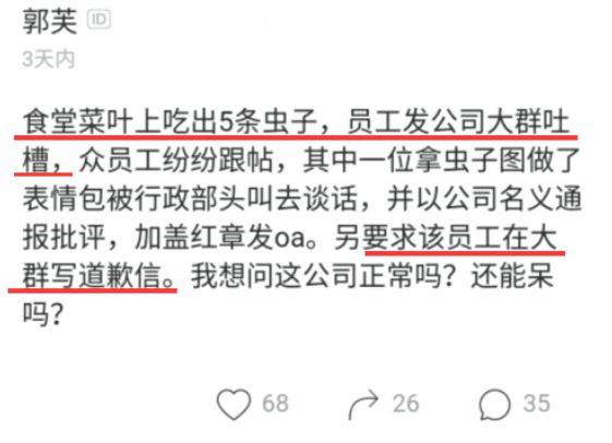 闲聊随心说 职工食堂吃出5条虫子，去到工作组吐槽，被行政约谈后却蒙了：写道歉信！