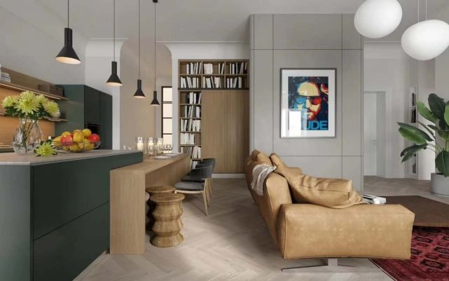 124平原木色与绿色搭配的橱柜，是客厅一道亮丽的风景线