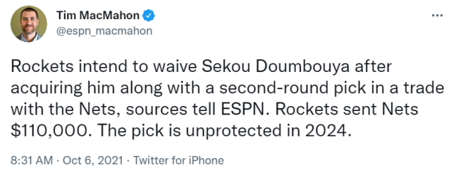 篮网连做两笔交易!将敦布亚+次轮签送至火箭,节省810万美元