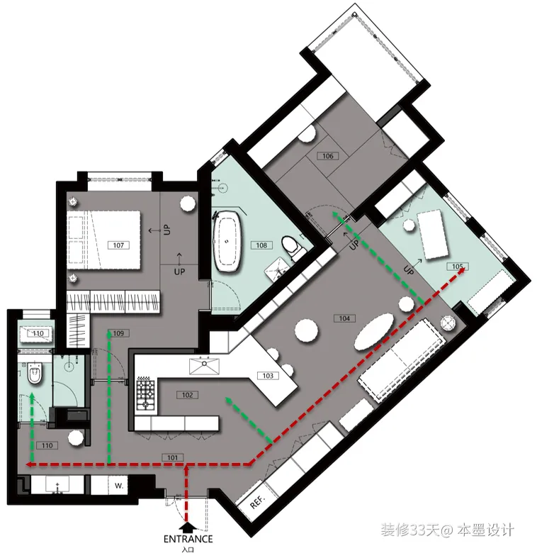 空间色彩整体以黑白灰为主搭配原木,软装配饰点缀蓝色、灰粉,融入金属、亚克力等材质!