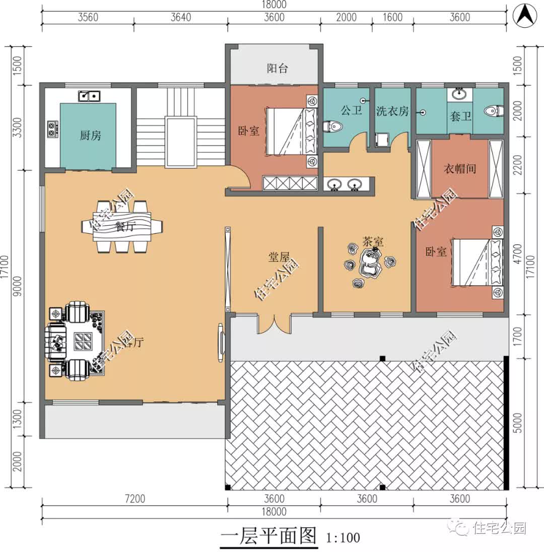 |开放式客厅+堂屋+观景阳光房，18×17米新中式别墅