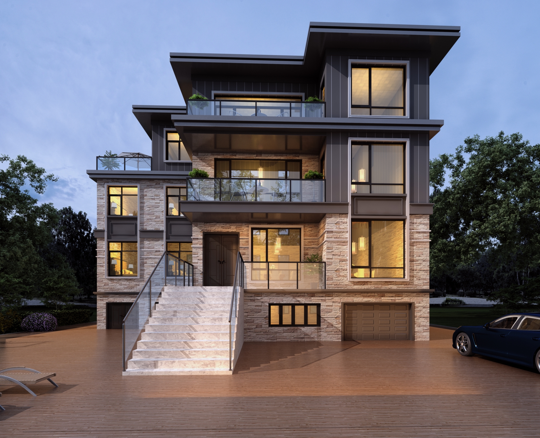 多级台阶上一层，不仅显得气派，也增加了架空层空间