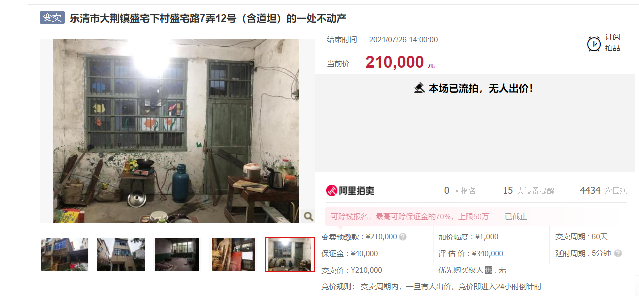 乐清|乐清市变卖一处不动产，21万起拍，无人出价