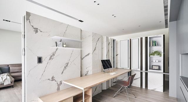 这个装修想法很有创意,入户用大理石隔断做端景墙,也能多个书房