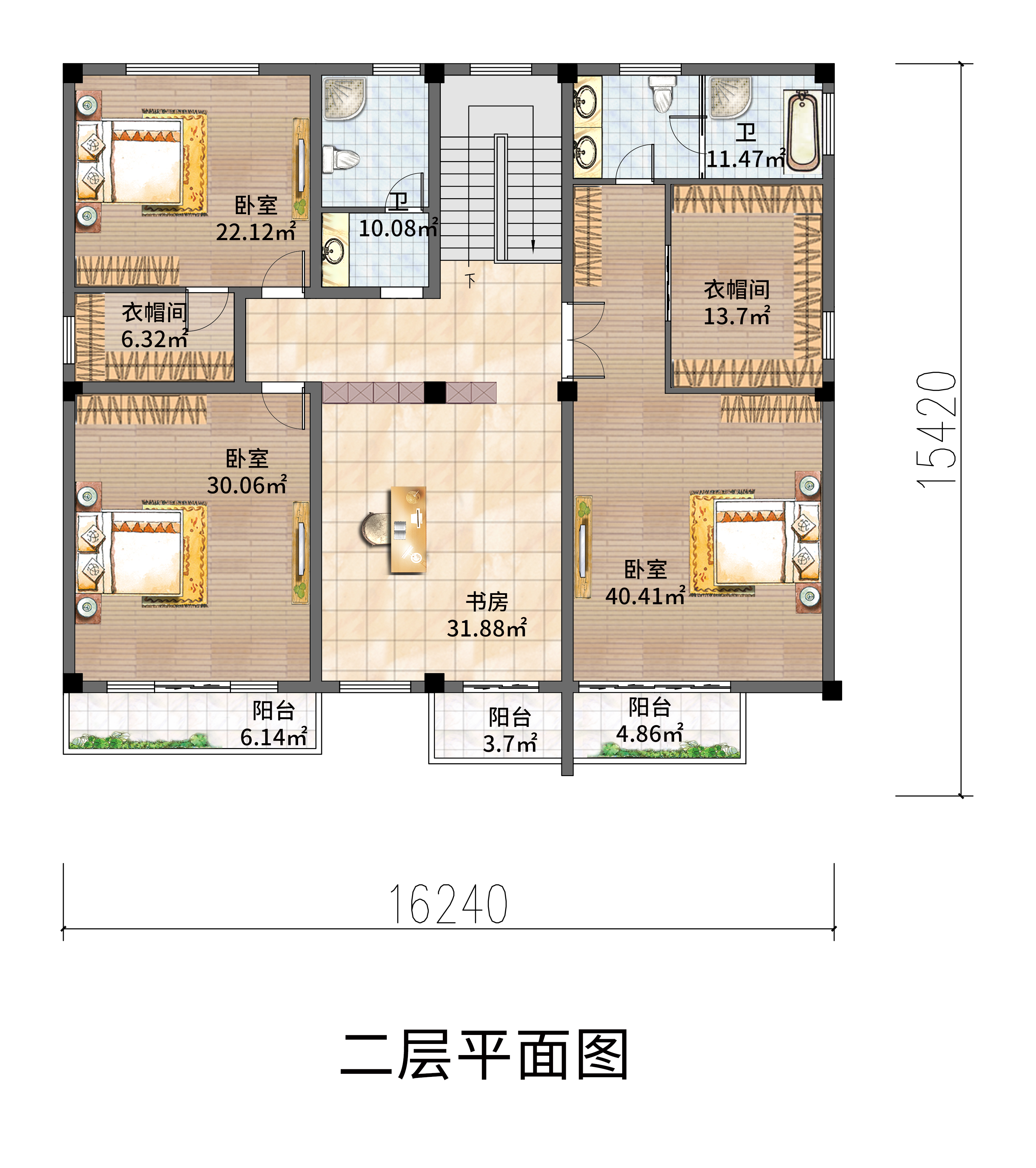 |现代二层住宅，四房四卫带阳台