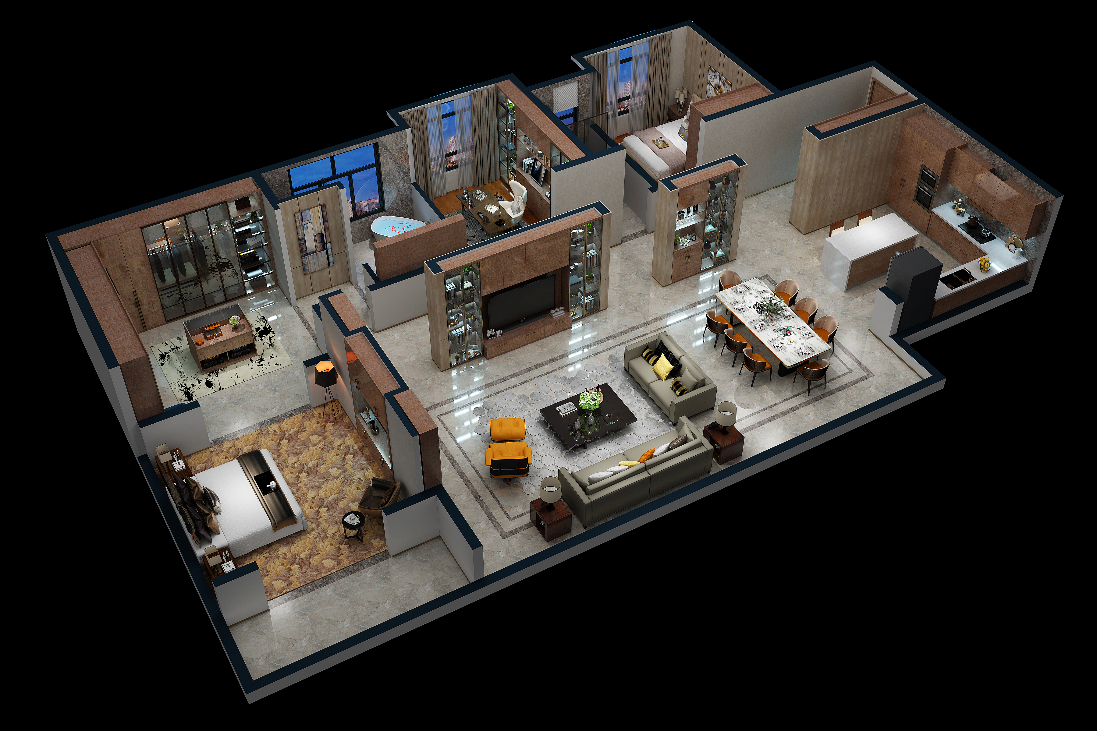 分享几套优秀家装整体效果鸟瞰图。