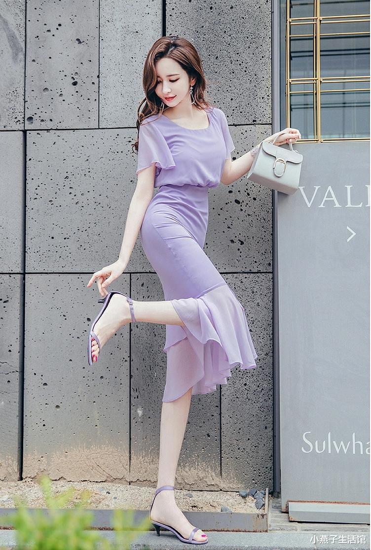 小燕子生活馆 修身过膝雪纺气质裙，大裙摆女神范十足