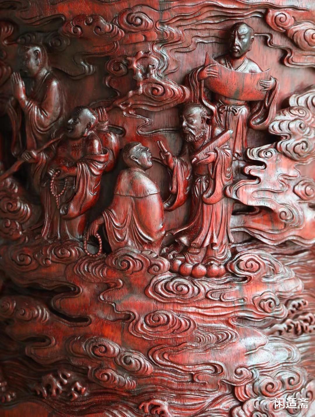 笔筒|文房珍品，名家王雅清手工复刻，小叶紫檀十八罗汉大笔筒