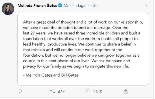 王南得 比尔·盖茨与梅琳达宣布离婚，在这个冷如利刃的世界，1300亿美元算什么？