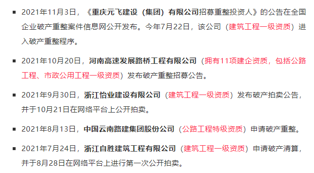 破产|4家一级、1家特级建企申请破产，原来都是同一个原因！