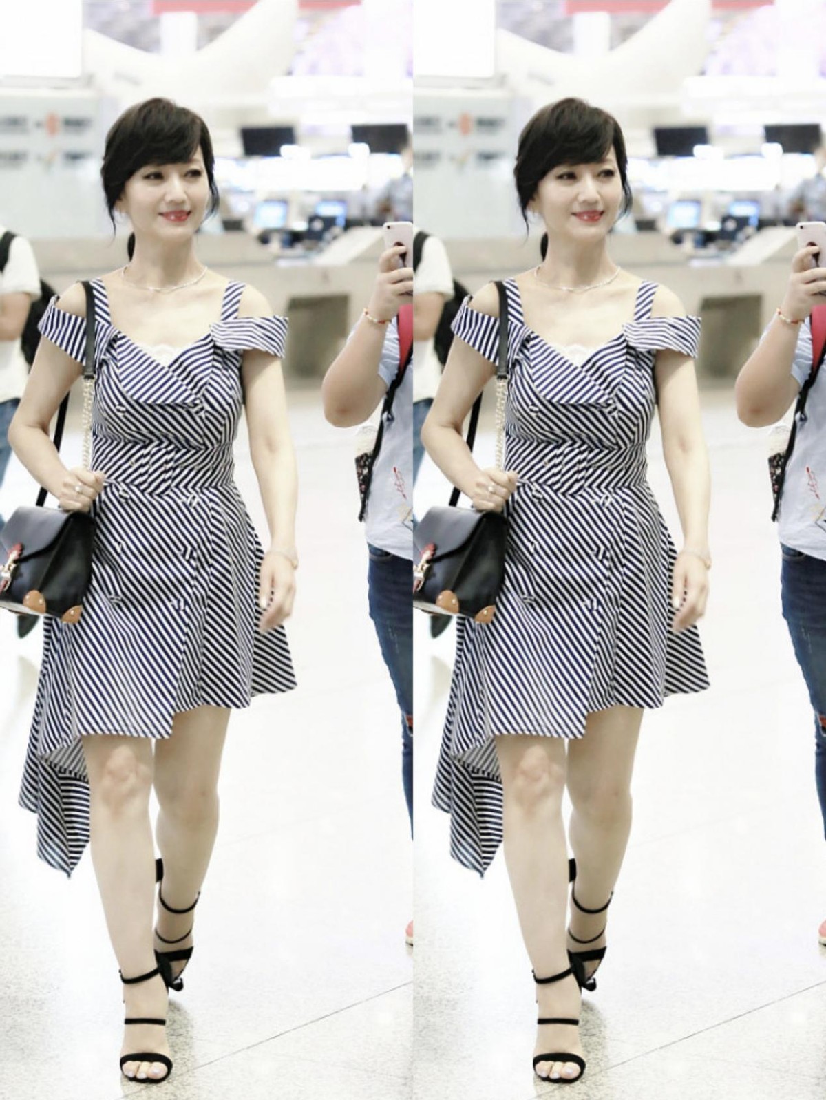 白小白的衣橱|赵雅芝真是“逆龄”的代表,穿条纹裙秀“冰棒腿”,看不出赘肉