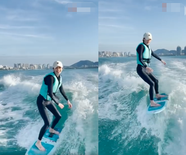 张俪|张俪海上冲浪意外滑倒！表情狰狞双手扑腾，整个人被海浪打趴下