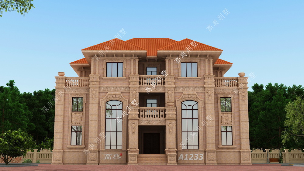 三层欧式别墅,左右对称,不俗,符合大多数人的审美。