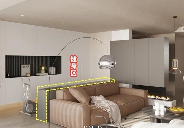 |客厅和南次卧打通融合，清爽开阔，半墙设计重组空间，分出健身区