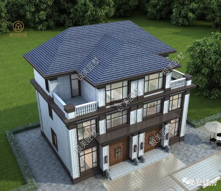 |15米面宽也能建的兄弟双拼别墅,新中式风格,典雅庄重