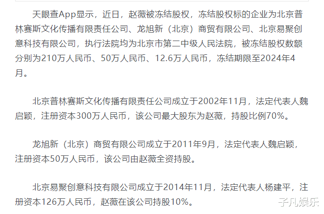 赵薇|最新爆料，赵薇数家公司的股权被冻结，涉及金额超百万