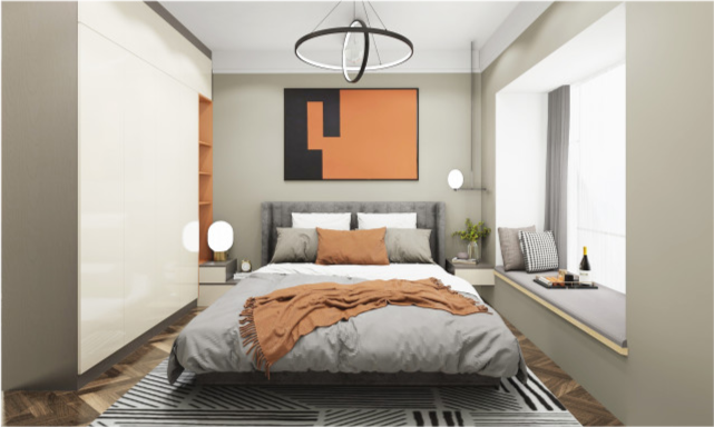 93平现代风二居室在黑白灰的色调中融入了爱马仕橙,就是亮眼