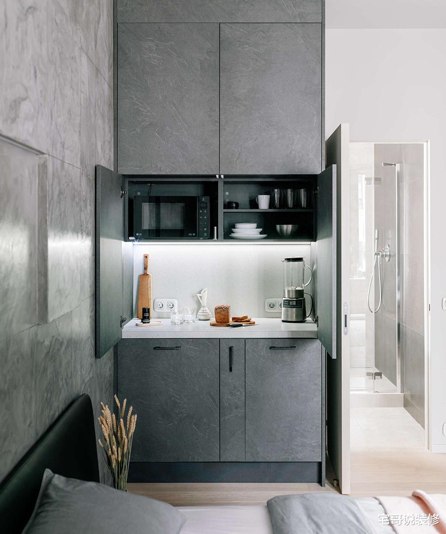 宅哥说装修|28岁IT小哥的30㎡公寓，舍弃客厅，反而越住越舒适，高级感十足