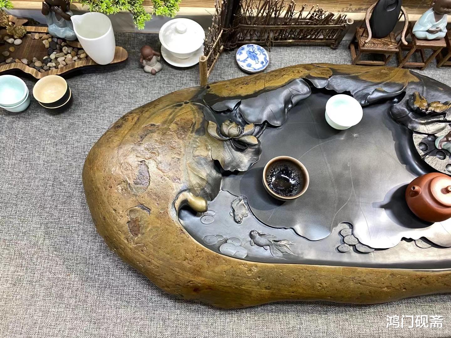雕刻|自己动手，把石头做成排水茶盘，雕刻上荷叶、鱼、鸟是不是很美？