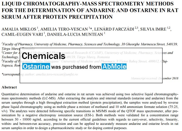 安达|AbMole科研-蛋白质沉淀后大鼠血清中安达林和Ostarine的液相色谱-质谱法测定